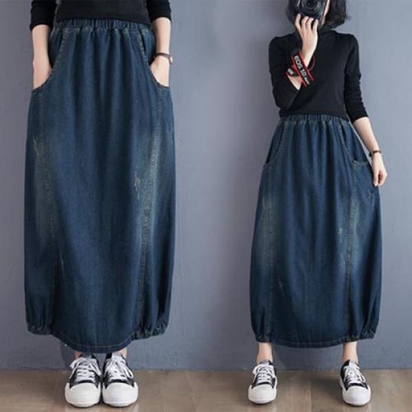 F0583 밴딩 빈티지 항아리 데님  롱  청 스커트