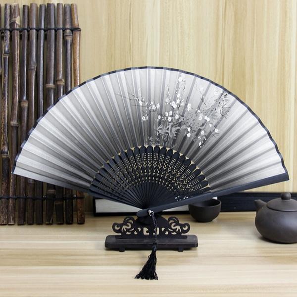 접이식 매화꽃 대나무 부채 실크 전통 부채(블랙)