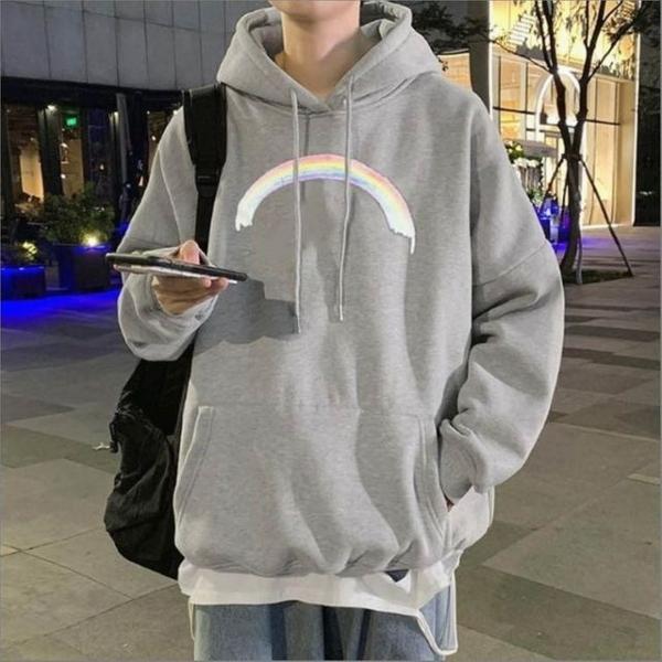 남녀공용 무지개 프린팅 소프트 기모후드 루즈핏 티셔츠