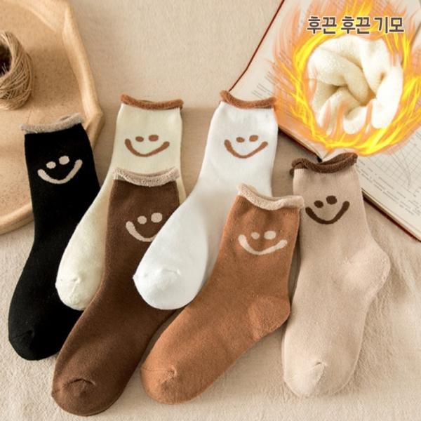 후끈한 스마일 기모 안감 여성 양말 겨울 보온 방한 삭스 중목 웜톤 학생 여자 가을 털 두꺼운