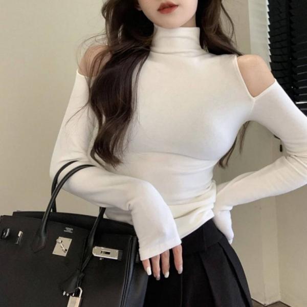 G126505 하이넥 컷아웃 오프숄더 안기모 스판티셔츠