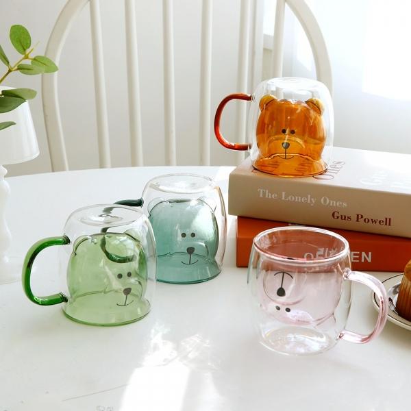 라미나 컬러 손잡이 이중유리컵 Bear 280ml