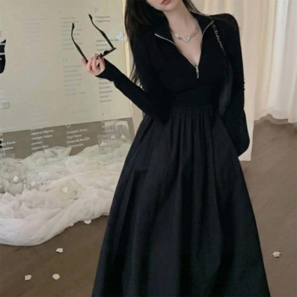 하프 집업 니트 믹스 롱 원피스 긴팔 반집업
