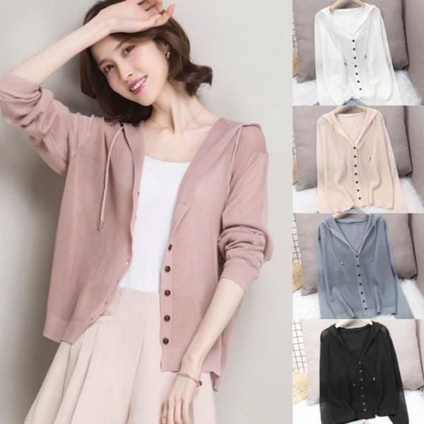 여성 얇은 시스루 후드가디건 니트 간절기 아우터 5색