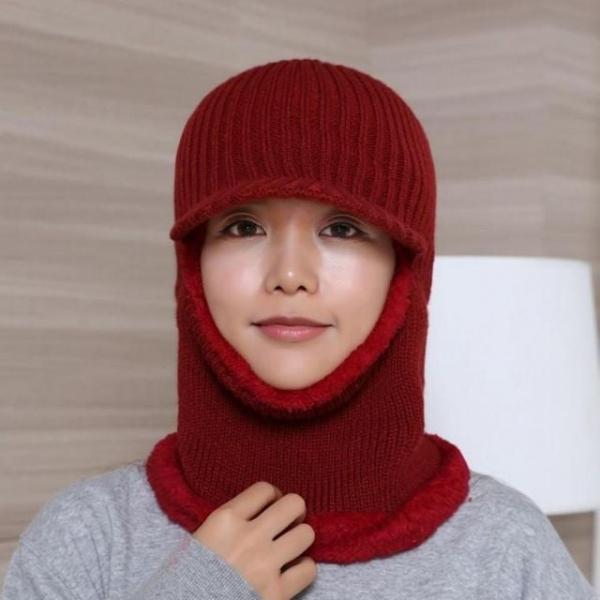 브리드 넥워머 털모자 레드 일체형니트챙모자 챙모자 목토시 털모자 방한모자 넥워머 니트 겨울모자