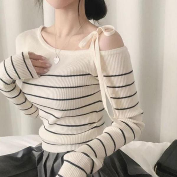 언발란스 오픈숄더 원숄더 스트랩 리본 골지 니트 스웨터
