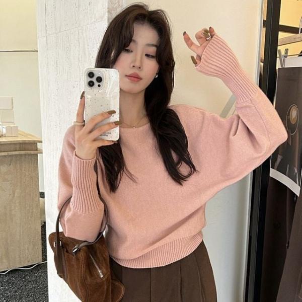 여성 루즈핏 라운드 니트 파스텔핑크 데일리 스웨터