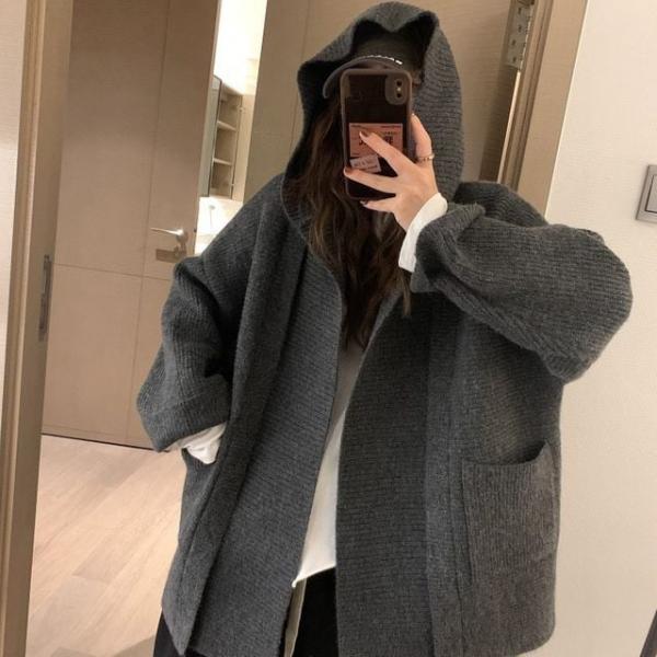 여성 루즈핏 니트 후드 가디건 베이지 데일리 꾸안꾸룩