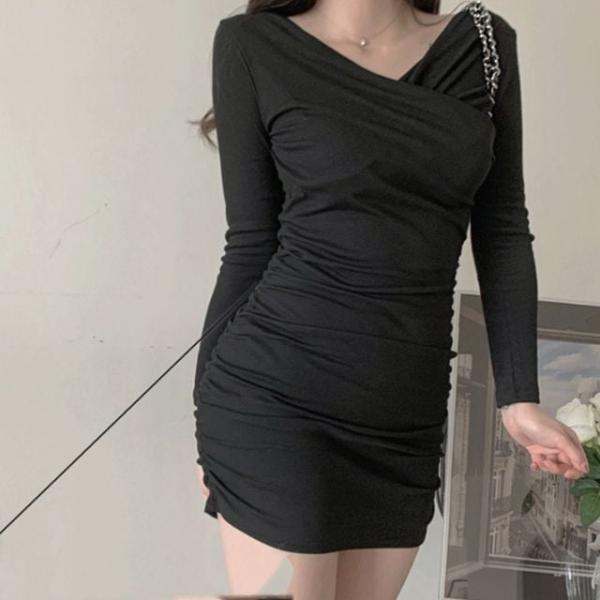 셔링 주름 랩 슬림핏 긴팔 미니원피스 니트 원피스