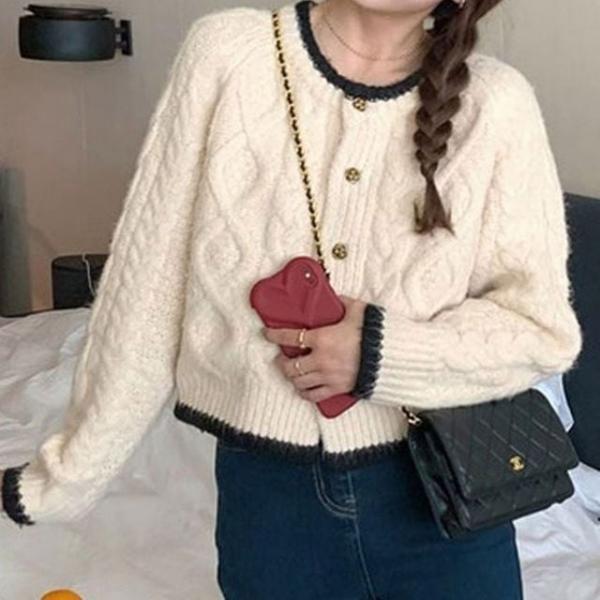 여성 꽈배기니트 라운드넥 숏 가디건 배색 간절기 아우터 2색