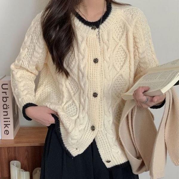여성 배색 케이블 니트 가디건 클래식 데일리