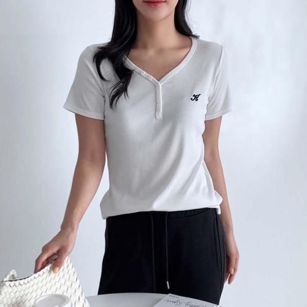 여자 데일리 와이넥 버튼 포인트 골지 반팔 티셔츠