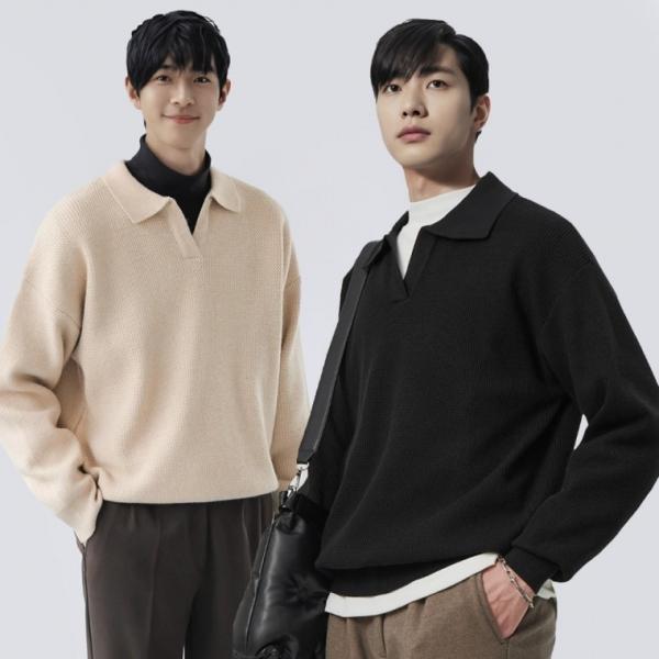 가을니트 남자 오픈 카라 니트티 어깨넓어보이는 오버핏 브이넥 니트