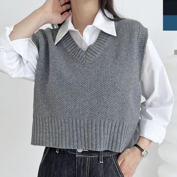 여성 베이직 브이넥 크롭 니트 조끼 1P 간절기 데일리