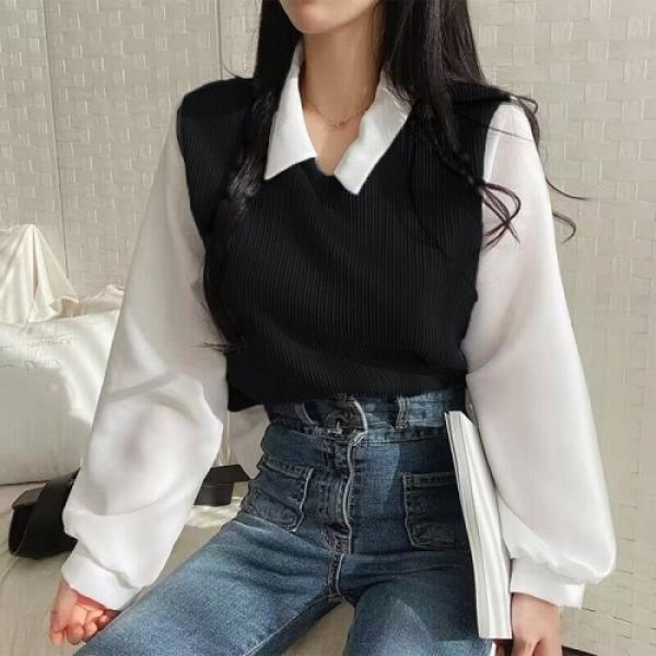페이크카라 배색 니트 블라우스