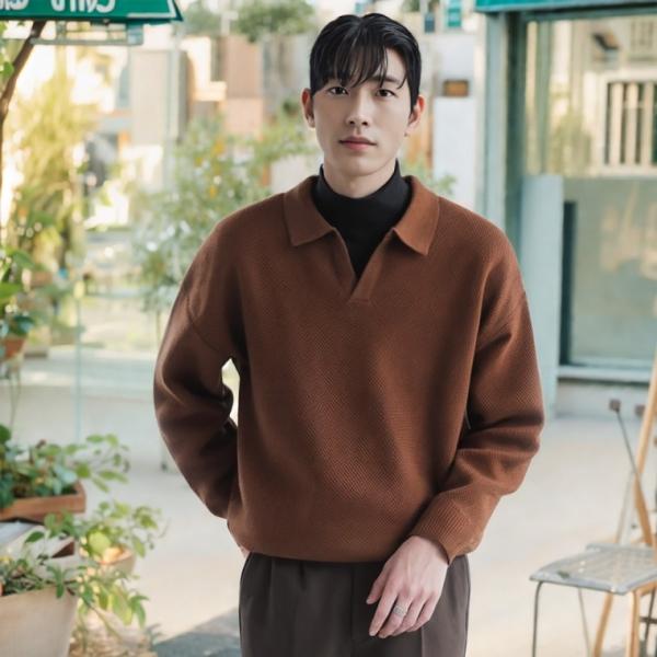 남자 봄 가을 와플 하찌 니트티 오버핏 V넥 오픈 카라 니트 정장니트