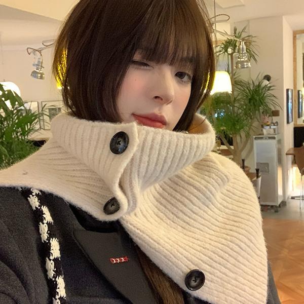 겨울 여성 니트 버튼 하이 넥워머 울 머플러 목도리 케이프