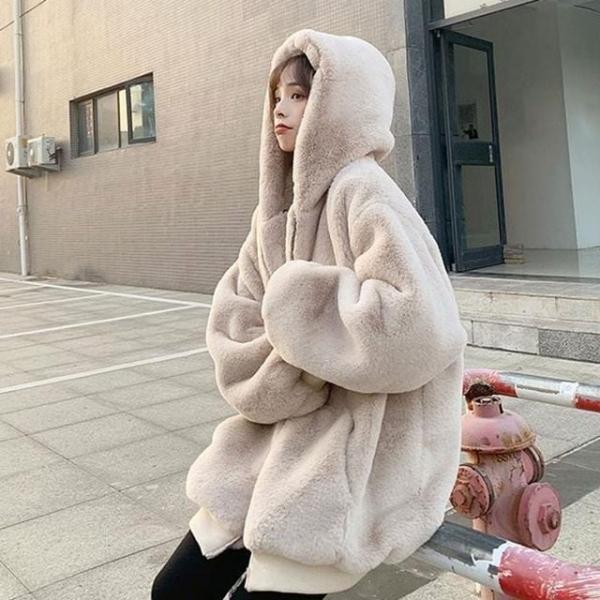 여성 겨울 페이크퍼 오버핏 털후드 점퍼 집업 아우터 2색