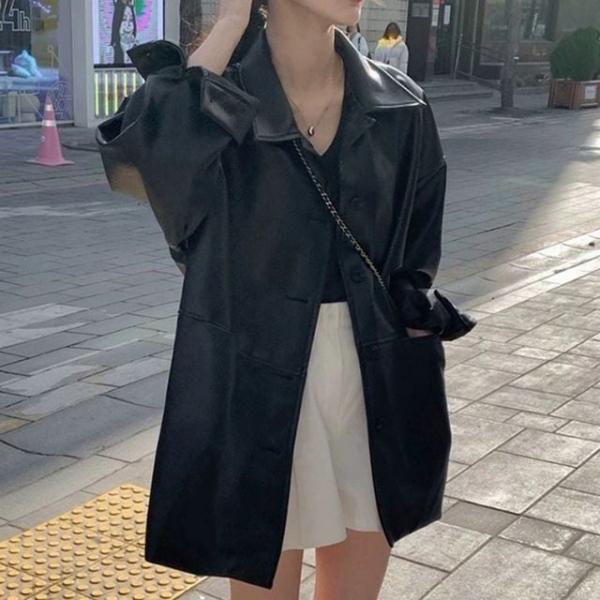 여성 루즈핏 하프기장 페이크 레더 라이더 가죽자켓 아우터