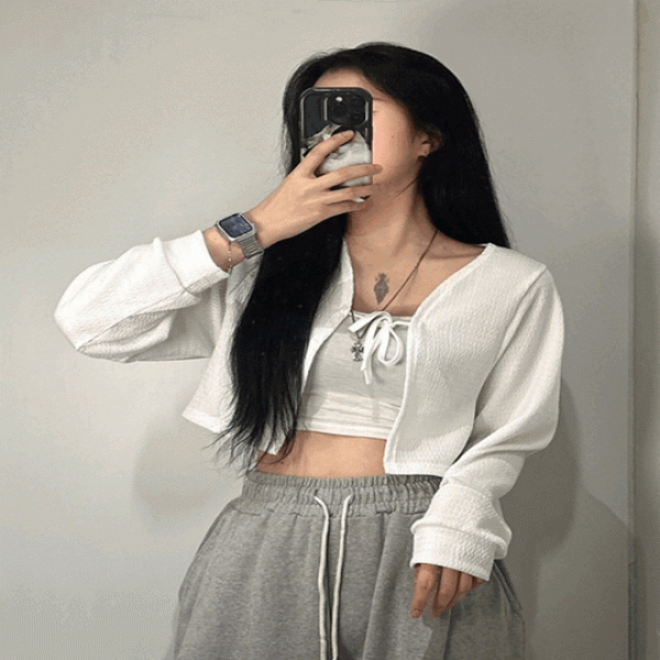 여성 리본 볼레로 크롭 끈 가디건 2color 얇은 봄 여름 여자 휴양지 휴가 바캉스 룩 발레코어 블랙 화이트