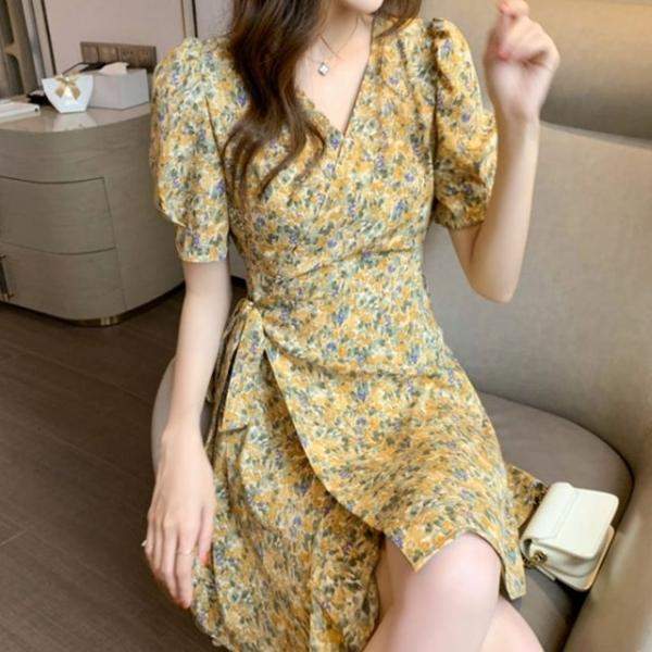 여성 노란색 꽃무늬 랩원피스 프릴 브이넥 봄 여름