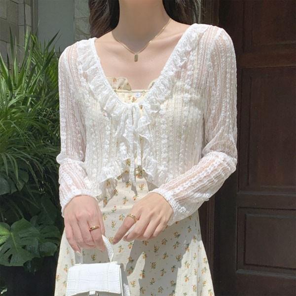 은창]플라워 프릴 매듭 망사 가디건 여름 망사 크롭 비치 수영복 봄 가을 아우터 여성휴가 비키니 비치웨어