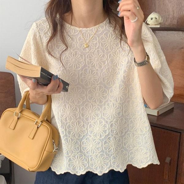 은창]플라워 자수 밑단 라인 러블리 블라우스 티셔츠 봄 여름 상의 여름 퍼프 반팔 상의 티셔츠 셔츠