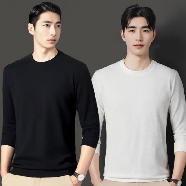 남자 정장티 와플 라운드넥 긴팔티 봄 가을 긴팔 레이어드 면 티셔츠