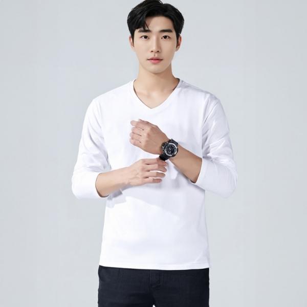 남자 봄 가을 무지 기본 긴팔티 레이어드 V넥 면 긴팔 티셔츠 쭉티