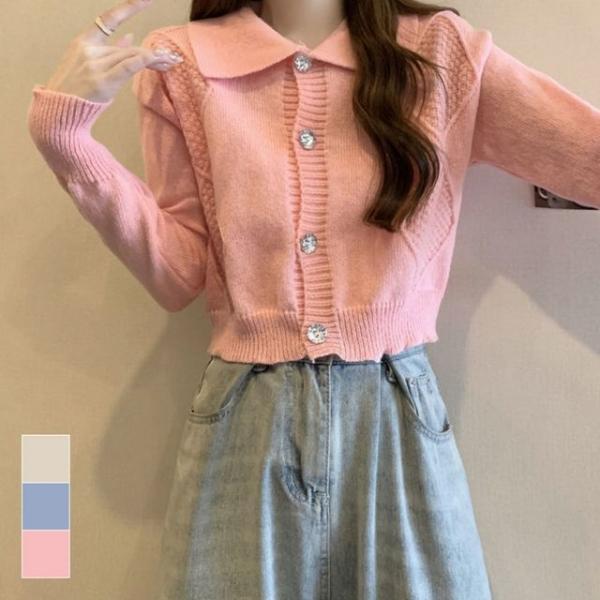 빅카라 크롭 러블리 아가일패턴 여성 봄 가을 가디건