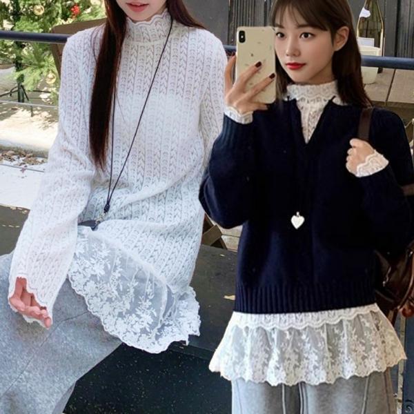 여성 봄 가을 반목 레이어드 레이스 시스루 블라우스 루즈핏 빅사이즈 흰색
