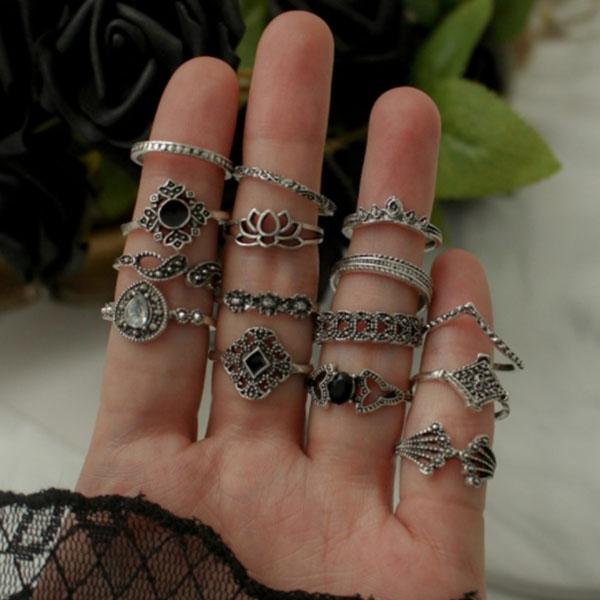 GGD 엔틱 실버 블랙 반지세트 15pcs