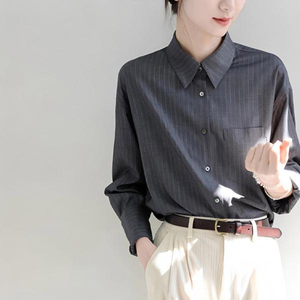 G126966_클래식핏 스트라이프 그레이 긴팔셔츠 블라우스