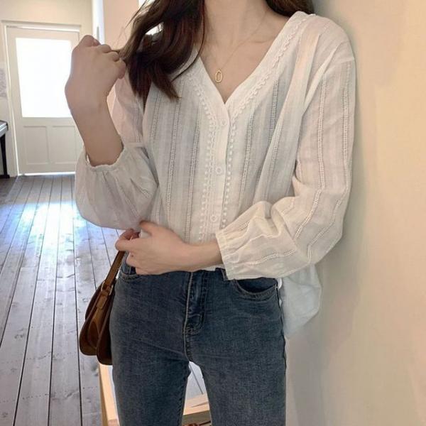브이넥 펀칭블라우스 밴딩소매 데일리셔츠 캐주얼옷