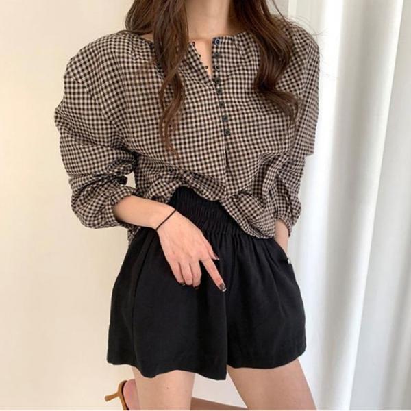 여자 벌룬 소매 잔체크 단추 블라우스 셔츠 퍼프