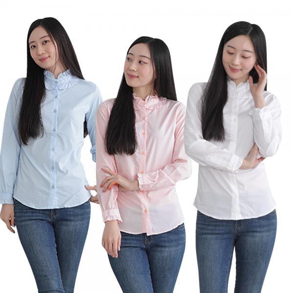 여성 프릴 블라우스 국내생산 레이스 카라 와이셔츠 남방 슬림핏 스판 기본 면 심플 베이직 무지 오피스룩 출근룩