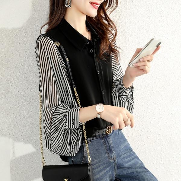 LF26300 얇은 소매 줄무늬 쉬폰 카라 셔츠 블라우스