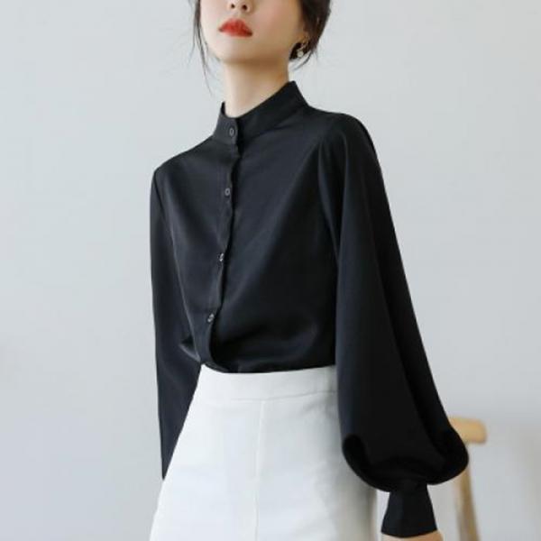 F09114 깔끔 풍성한 볼륨 소매 하이넥 블라우스 BL