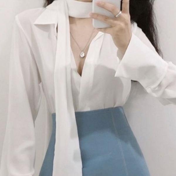 F0371 우아 고급진 리본분리 시폰 블라우스 브라우스
