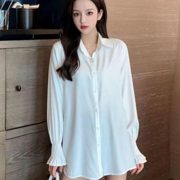 F6400 손목 주름 화이트 카라 블라우스 코디 출근룩