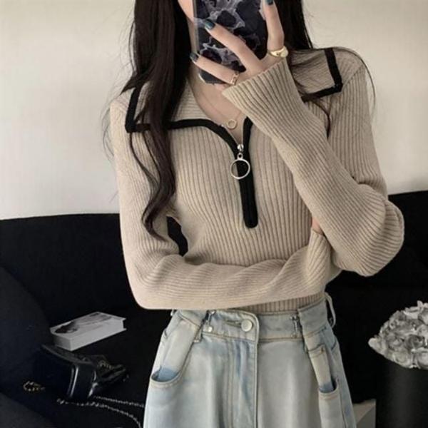 여성 골지 슬림핏 카라 반지퍼 반집업 긴팔 티셔츠