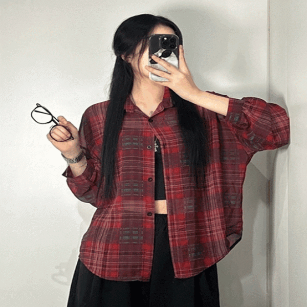 여성 오버핏 시스루 체크 남방 셔츠 [3color 레이어드 루즈핏 긴팔 벌룬 난방 휴가 장마 룩 시원한 데일리]