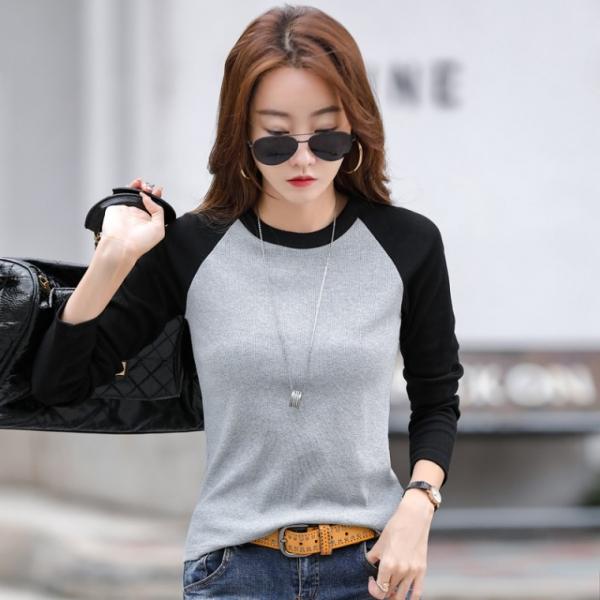 나그랑 배색 여자 여성 슬림 라운드 긴팔 긴소매 티셔츠 S471