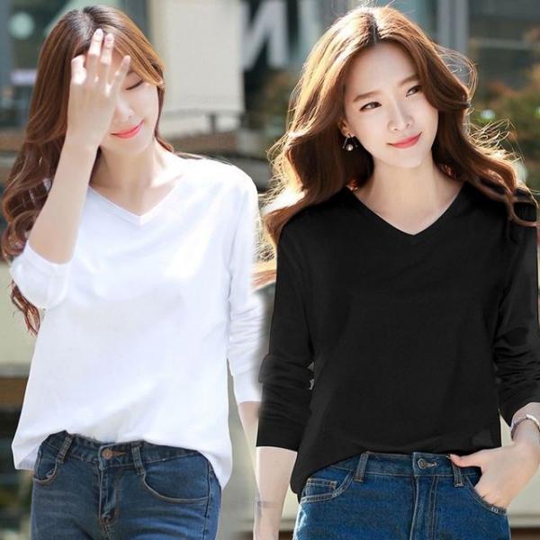 여성 루즈핏 브이넥 라운드넥 무지 긴팔 티셔츠