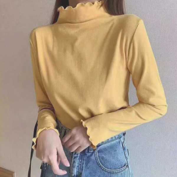 물결무늬 끝단처리 여성 반목 티셔츠 케주얼 소프트 터틀넥 긴팔 목폴라 티 7칼라