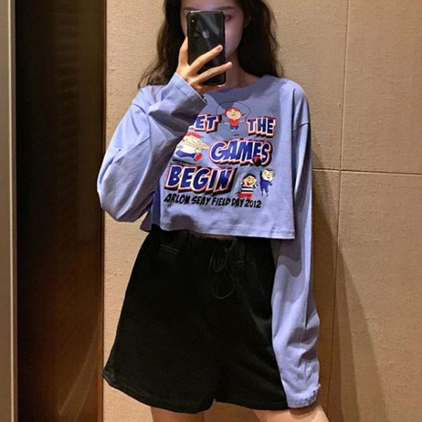 귀여운 캐릭터 포인트 꾸안꾸 여성 크롭 긴팔 티셔츠