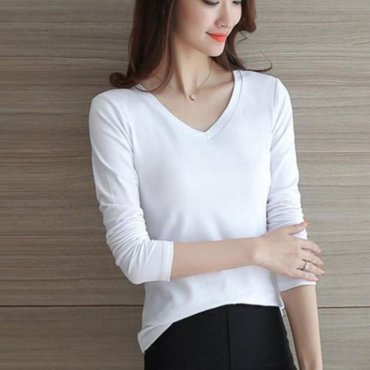 여성 슬림 라운드넥 브이넥 블랙 화이트 베이직 무지 긴팔 티셔츠
