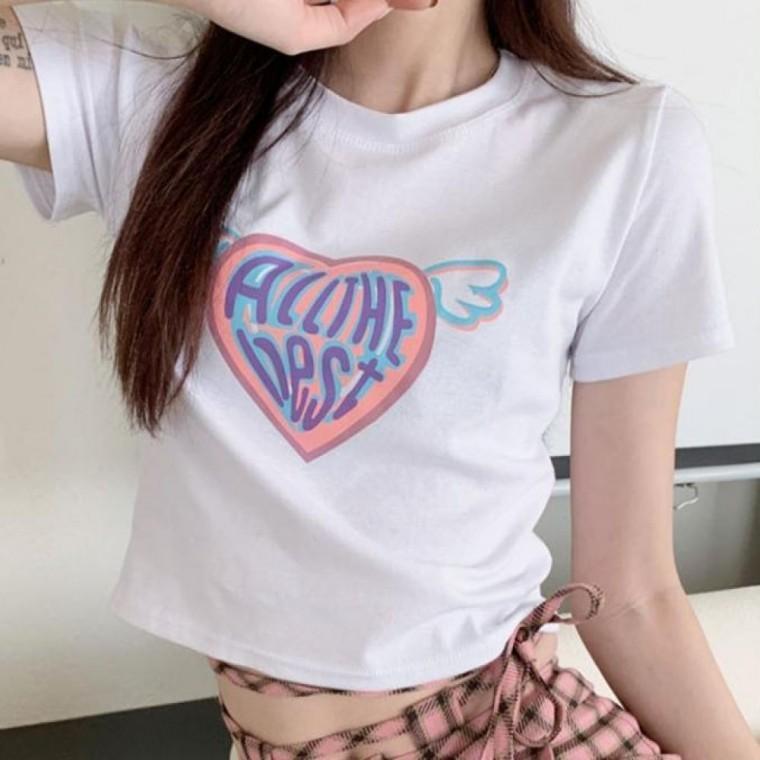여성 학생 여자 프린팅 크롭 슬림 티셔츠