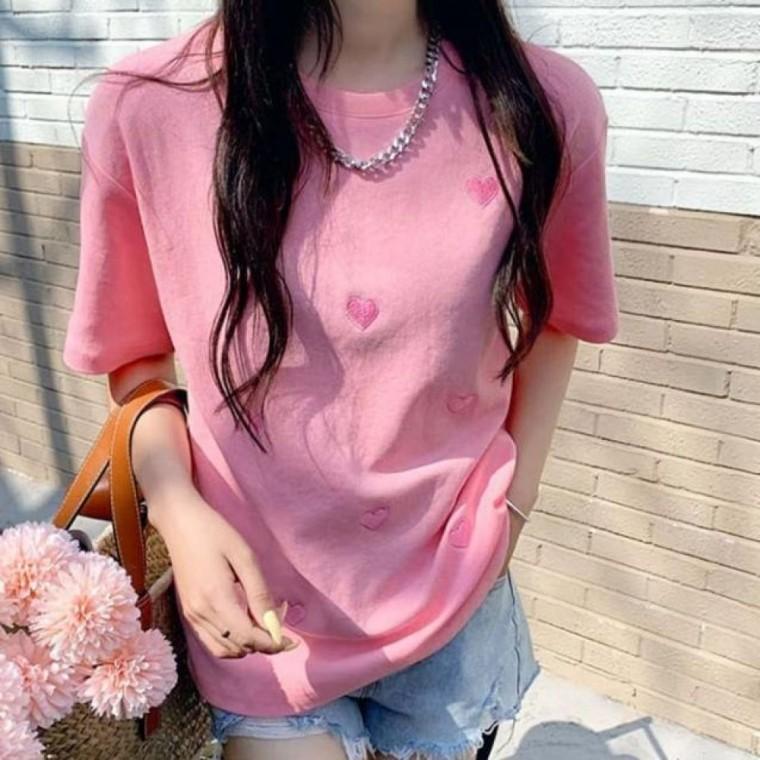 여성 캐주얼룩 데일리룩 하트 핑크 라운드 반팔 티 셔츠