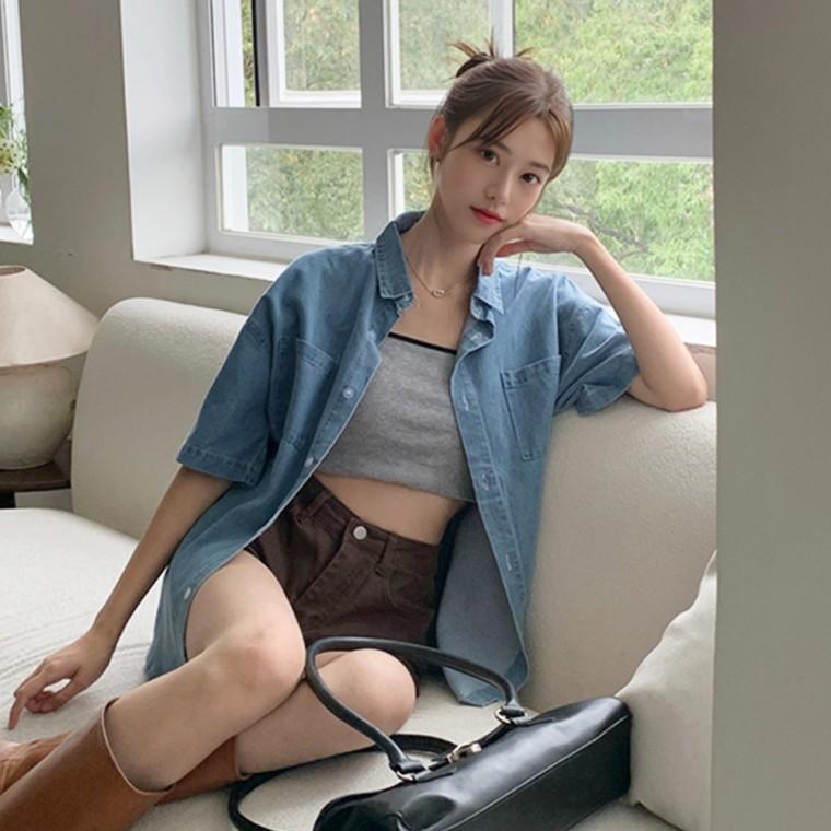 여자 남녀공용 썸머 루즈핏 5부 데님 반팔셔츠 블루 청남방 예쁜셔츠